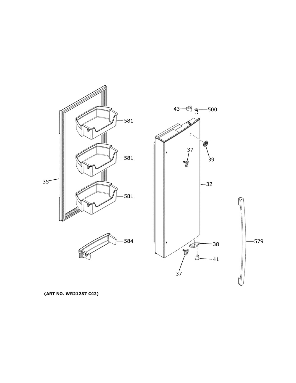 Fresh Food Door - Rh Diagram and Parts List for GFE26JGMXFWW  General Electric Refrigerator