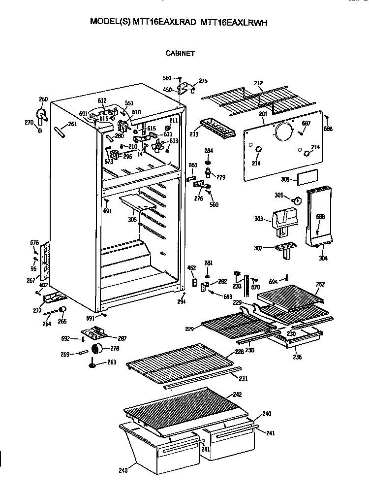 Cabinet Diagram and Parts List for MTT16EAXLRWH  General Electric Refrigerator