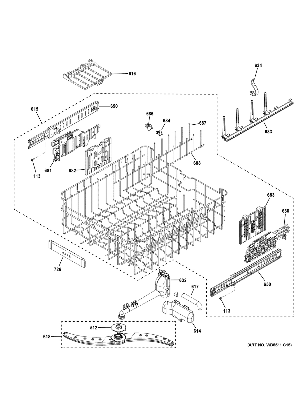 Upper Rack Assembly Diagram and Parts List for CDT858P2V3S1  General Electric Dishwasher