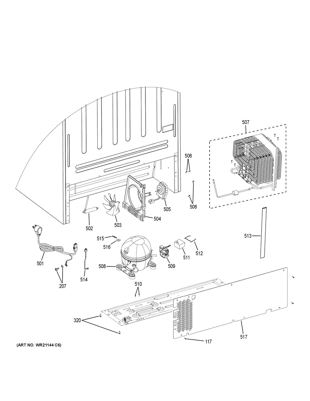Machine Compartment Diagram and Parts List for GTS21FMKCES  General Electric Refrigerator