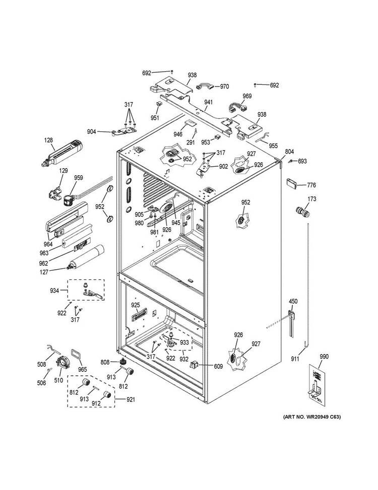 Case Parts Diagram and Parts List for GYE22HMKCES  General Electric Refrigerator