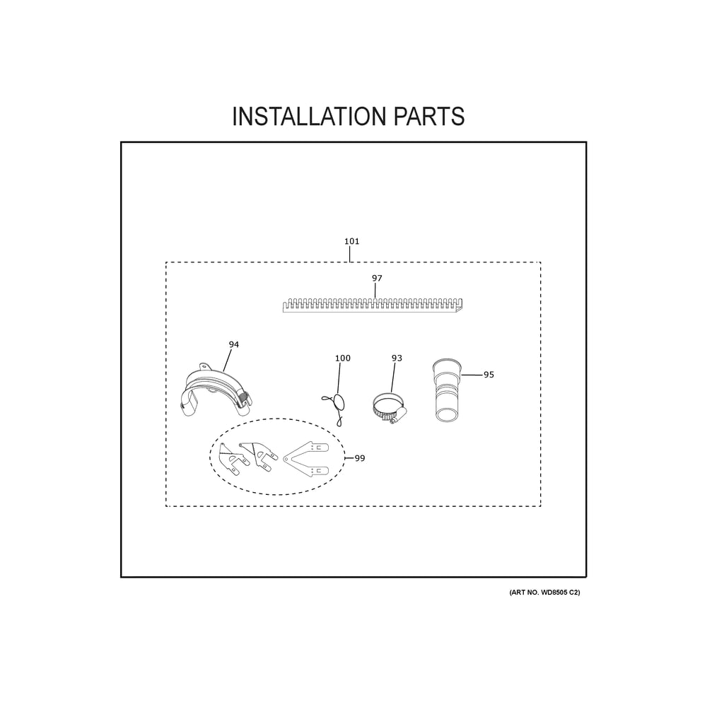 Installation Parts Diagram and Parts List for CDD220P3W0D1  General Electric Dishwasher