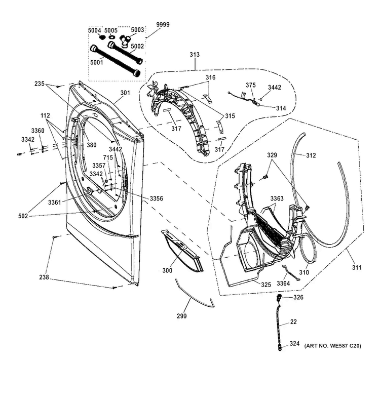 Front Panel Diagram and Parts List for GFD45ESSK0WW  General Electric Dryer