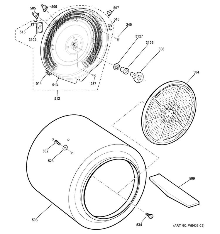 Drum Diagram and Parts List for GTV21ESSJ1WW  General Electric Dryer