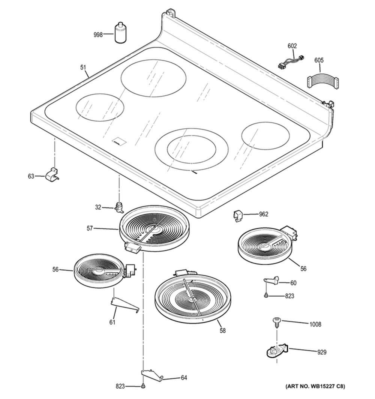 Cooktop Diagram and Parts List for JB625GK1SA  General Electric Range
