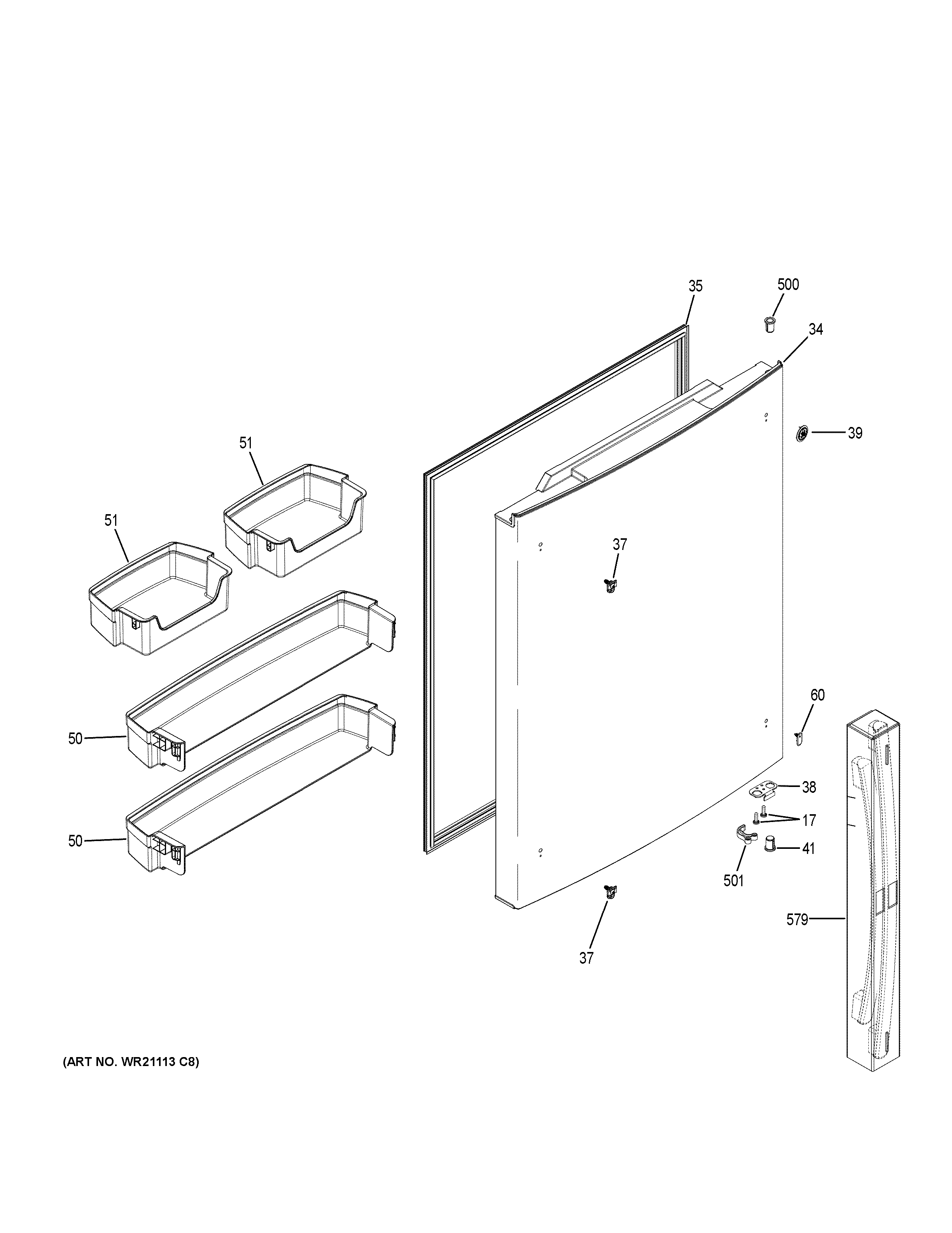 Fresh Food Door Diagram and Parts List for GBE21DSKARSS  General Electric Refrigerator