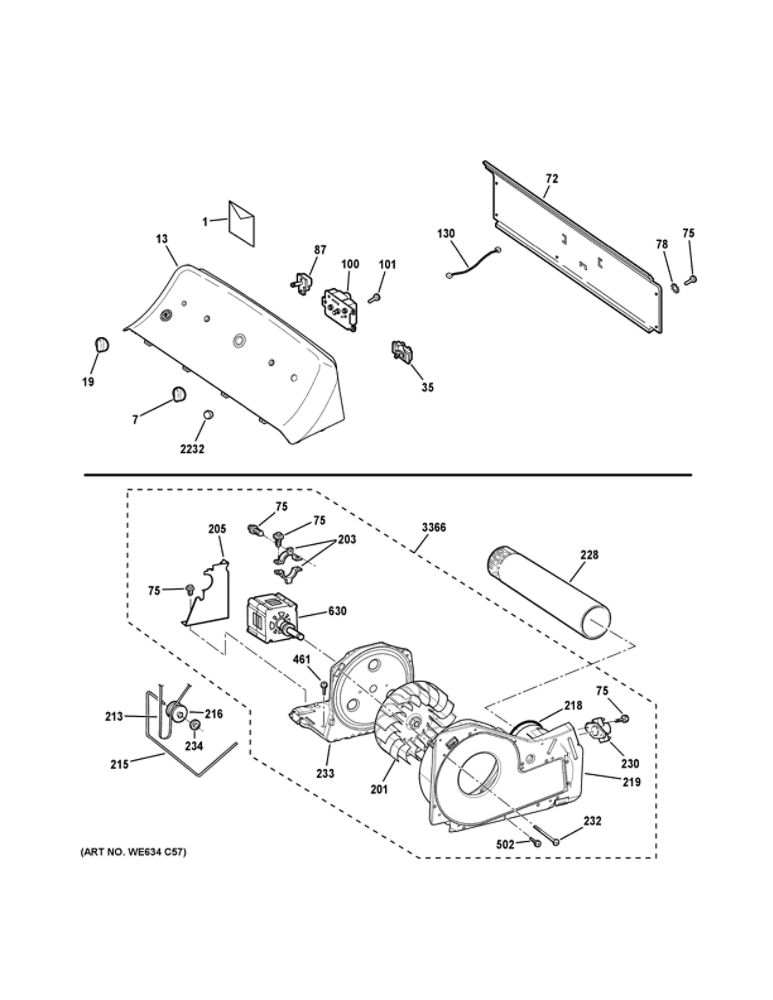 Backsplash, Blower And Motor Assembly Diagram and Parts List for GTX22EASK0WW  General Electric Dryer