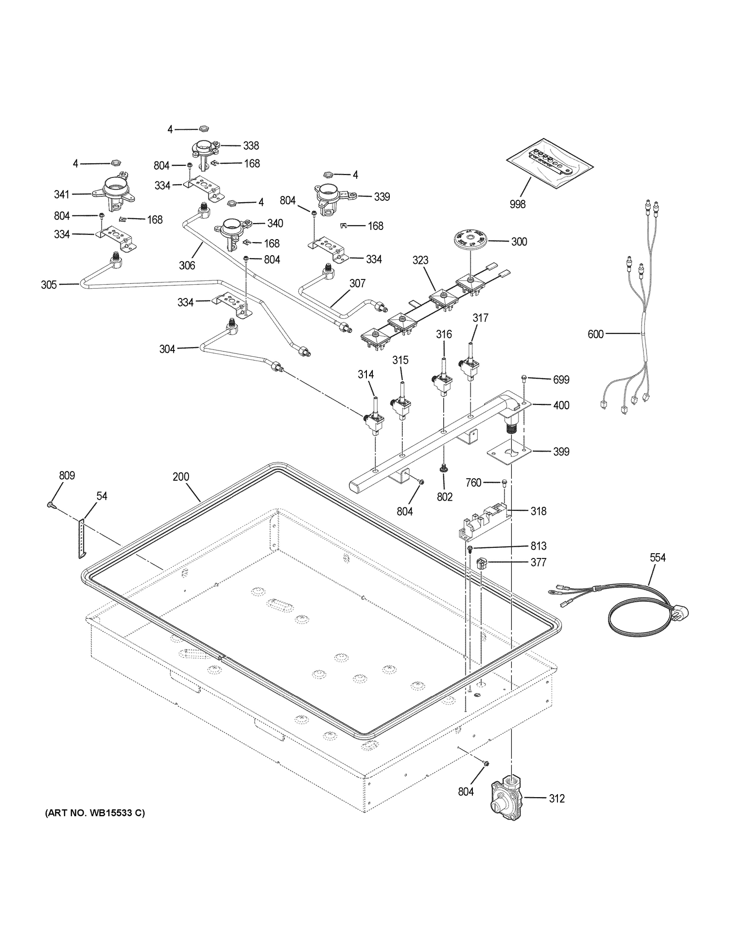 GAS & BURNER PARTS Diagram and Parts List for JGP3030DL1BB  General Electric Cooktop