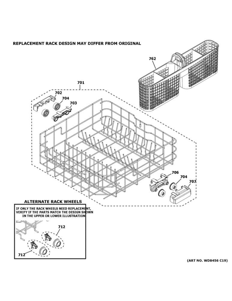 Lower Rack Assembly Diagram and Parts List for GDF511PSR1SS  General Electric Dishwasher