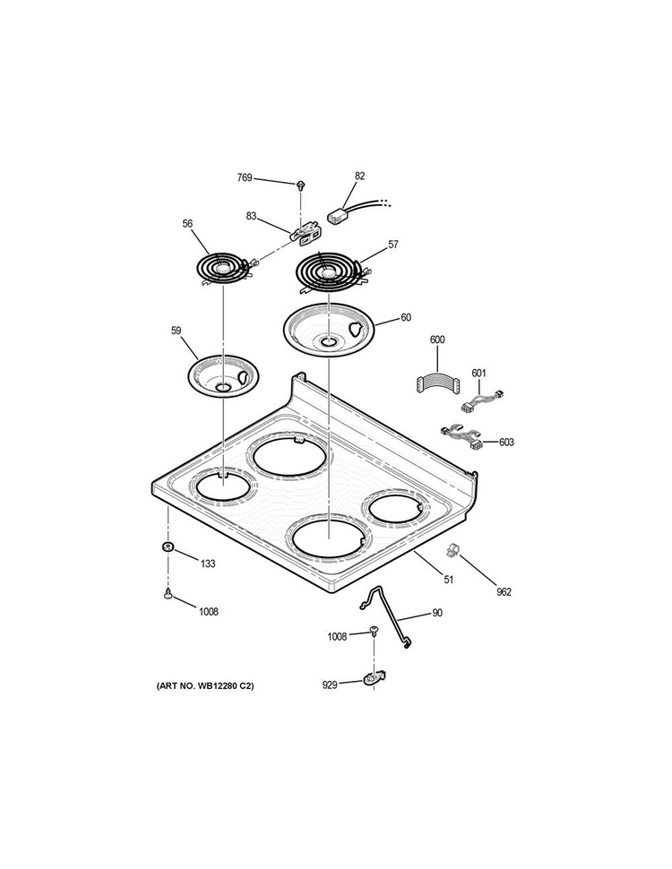 Cooktop Diagram and Parts List for JB250DF6CC  General Electric Range
