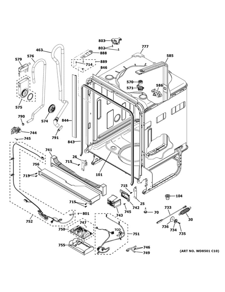 Body Parts Diagram and Parts List for GDT645SGN2BB  General Electric Dishwasher