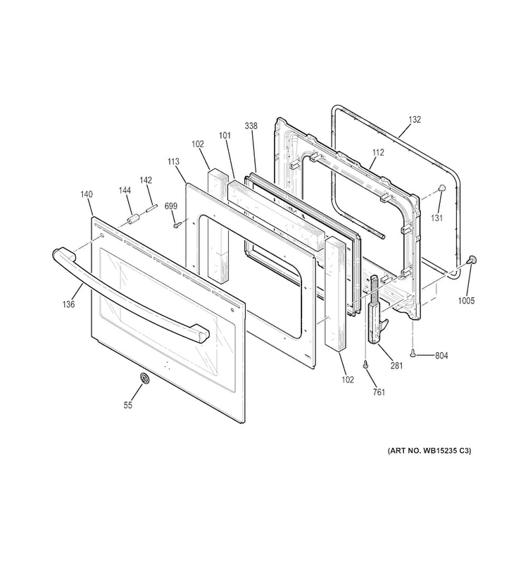 Door Diagram and Parts List for JD630SF2SS  General Electric Range