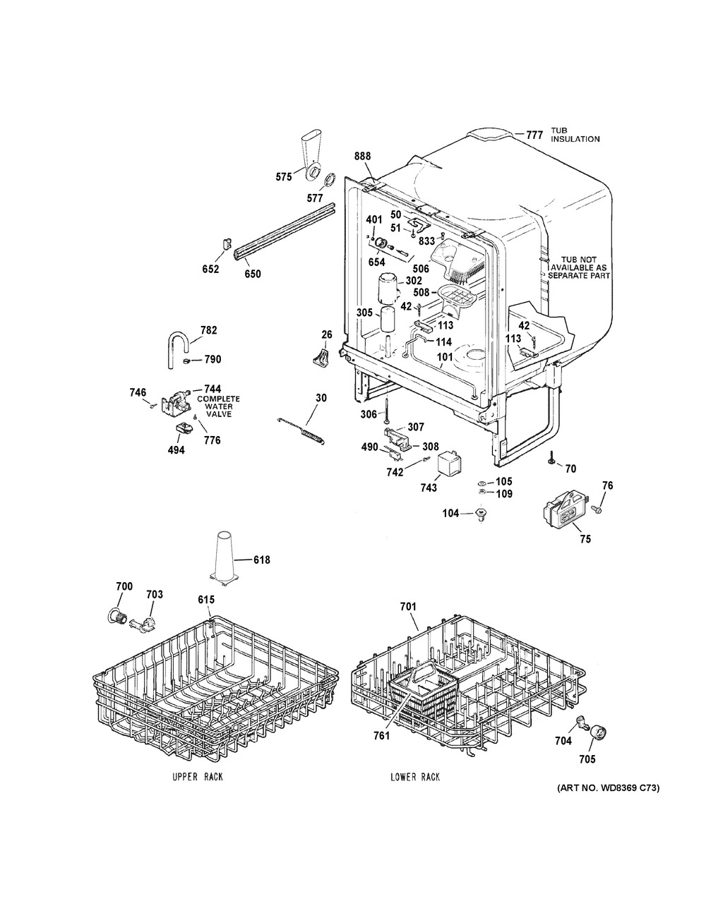 Body Parts Diagram and Parts List for GSD3360K55SS  General Electric Dishwasher