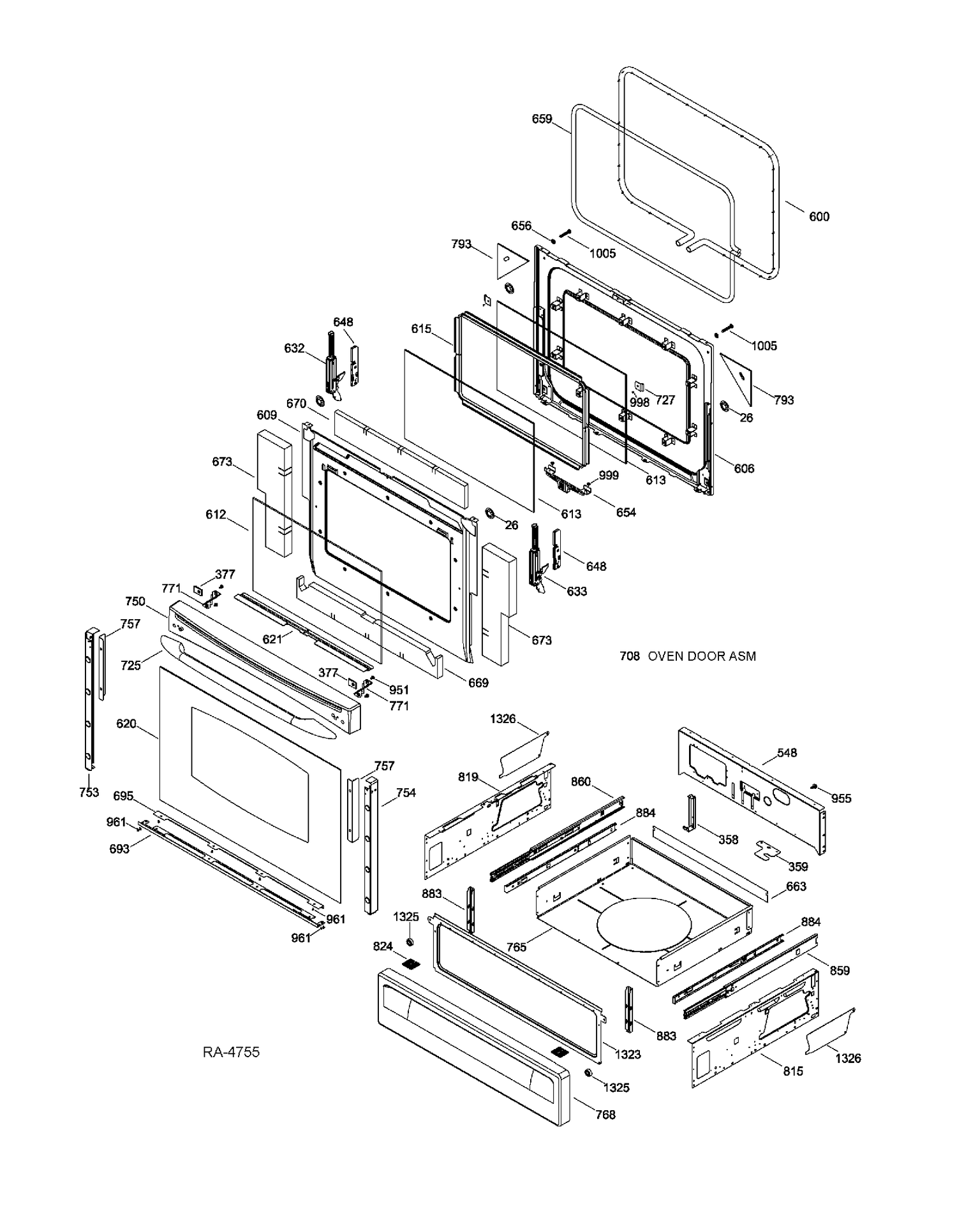 DOOR & DRAWER PARTS Diagram and Parts List for PCGB910DET1WW  General Electric Range