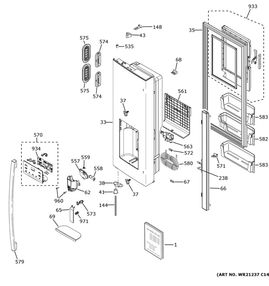 Dispenser Door Diagram and Parts List for GYE18JSLDFSS  General Electric Refrigerator