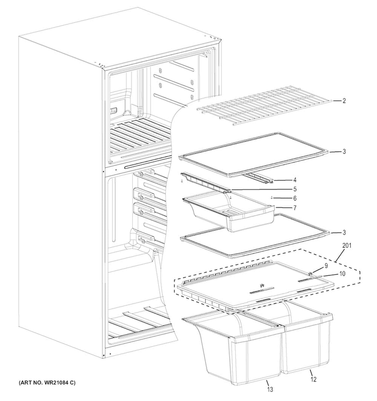 Fresh Food Shelves Diagram and Parts List for GIE21GTHBBB  General Electric Refrigerator