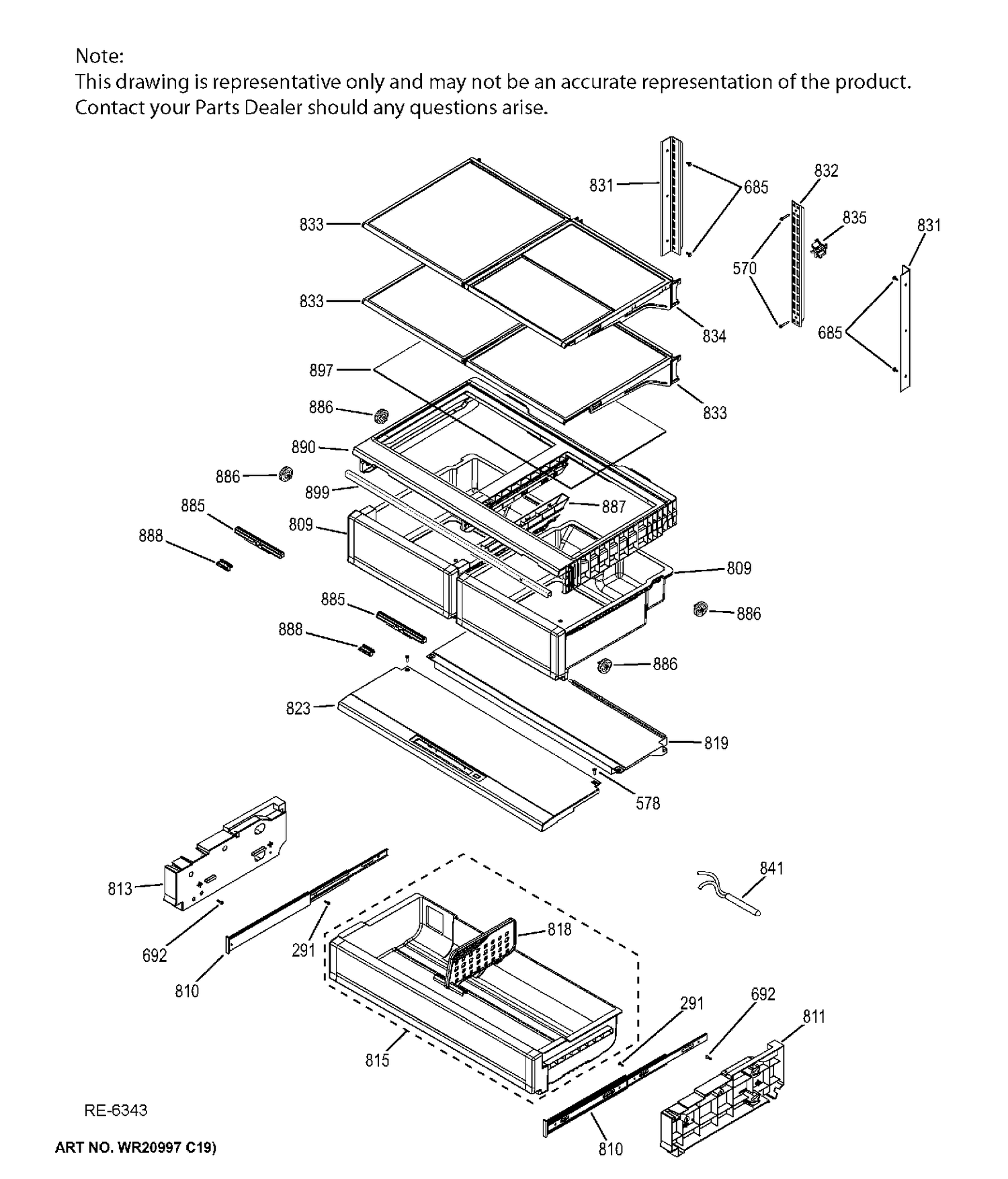 FF SHELVES Diagram and Parts List for PWE23KMDFES  General Electric Refrigerator