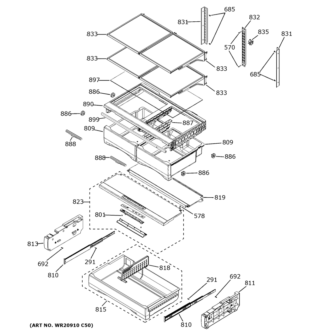 Fresh Food Shelves Diagram and Parts List for GYE22GYNKFS  General Electric Refrigerator