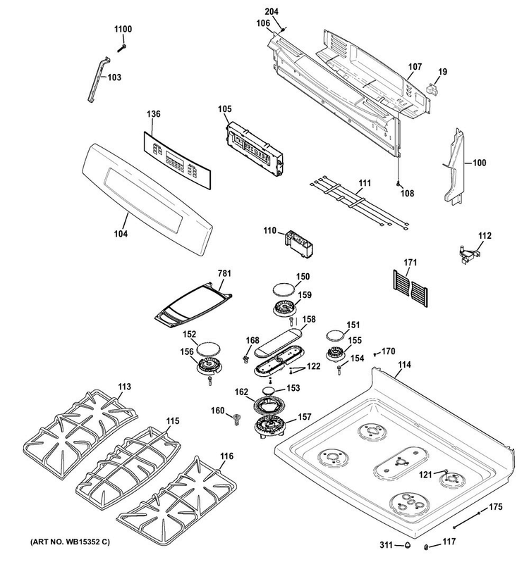 Control Panel & Cooktop Diagram and Parts List for PGB940DEF1WW  General Electric Range