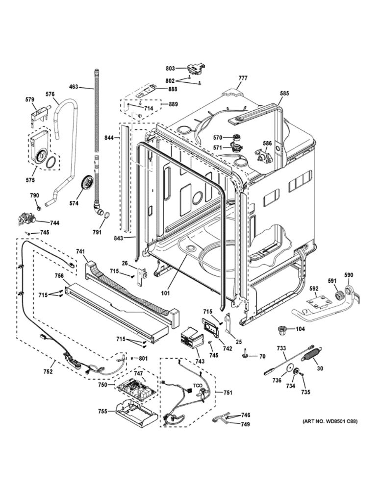 Body Parts 1 Diagram and Parts List for DDT700SGN5WW  General Electric Dishwasher
