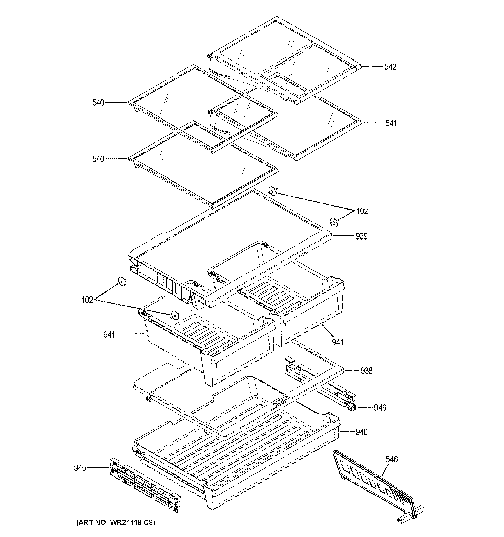Fresh food shelves Diagram and Parts List for XNE25JGKNFBB  General Electric Refrigerator