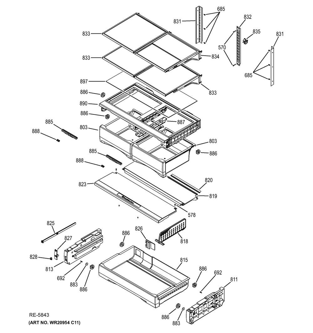 Ff Shelves Diagram and Parts List for JCB730DF3BB  General Electric Range