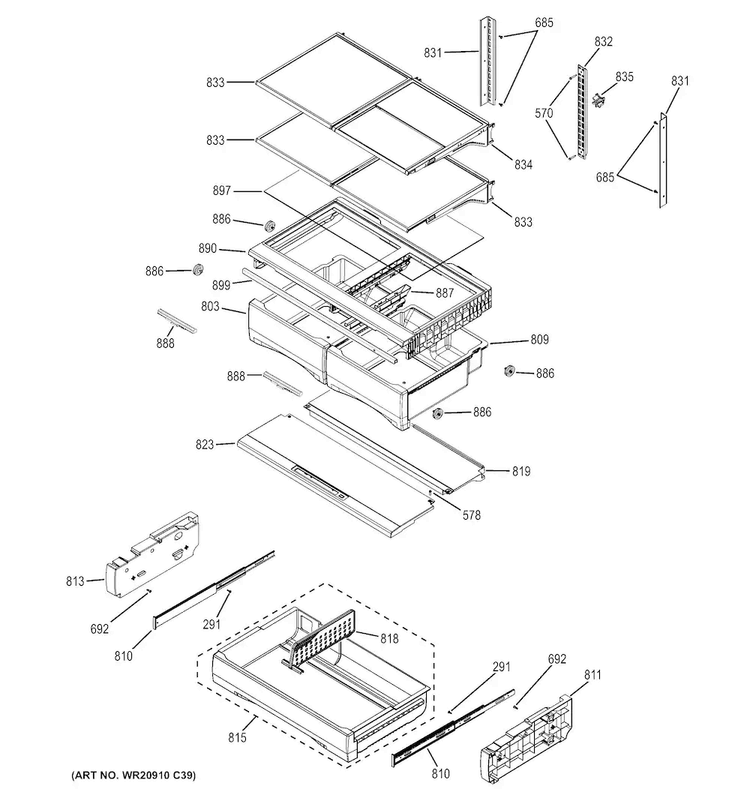 Fresh Food Shelves Diagram and Parts List for DFE28JMKBES  General Electric Refrigerator