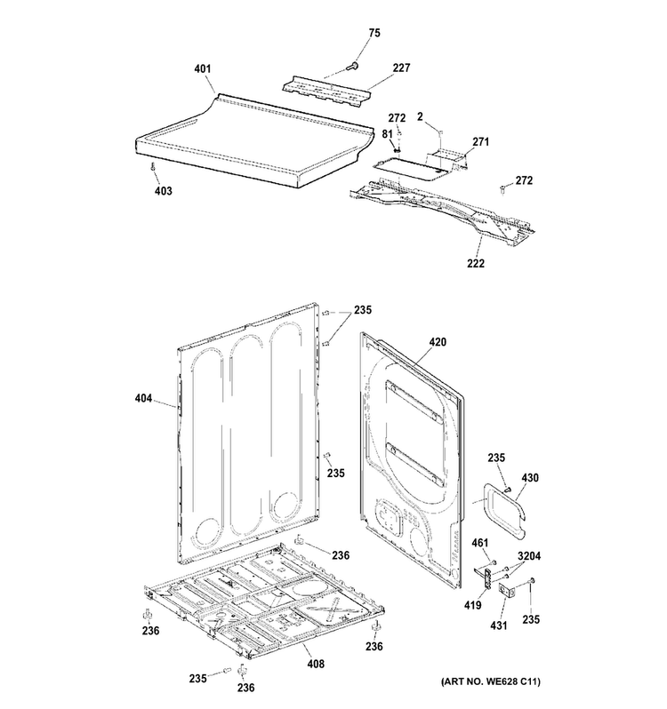 Cabinet & Top Panel Diagram and Parts List for GIDP400JD4WW  General Electric Dryer