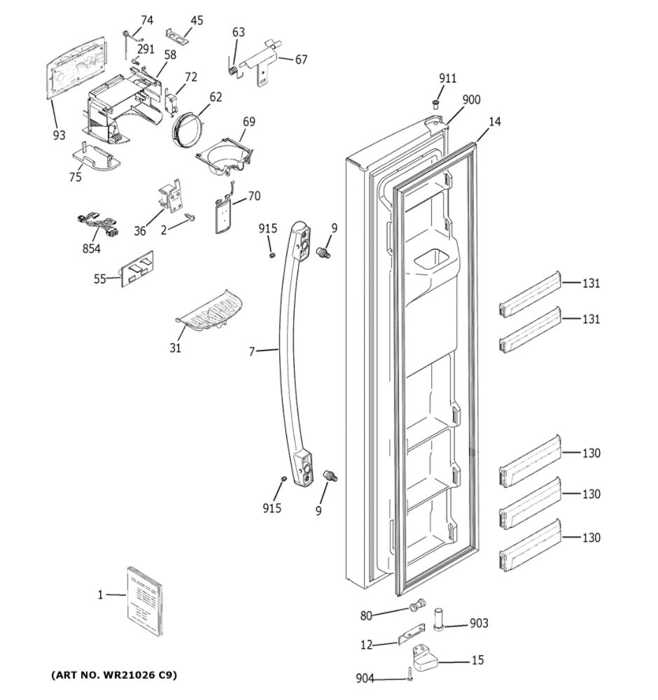 Freezer Door Diagram and Parts List for GSS25IGNEHWW  General Electric Refrigerator