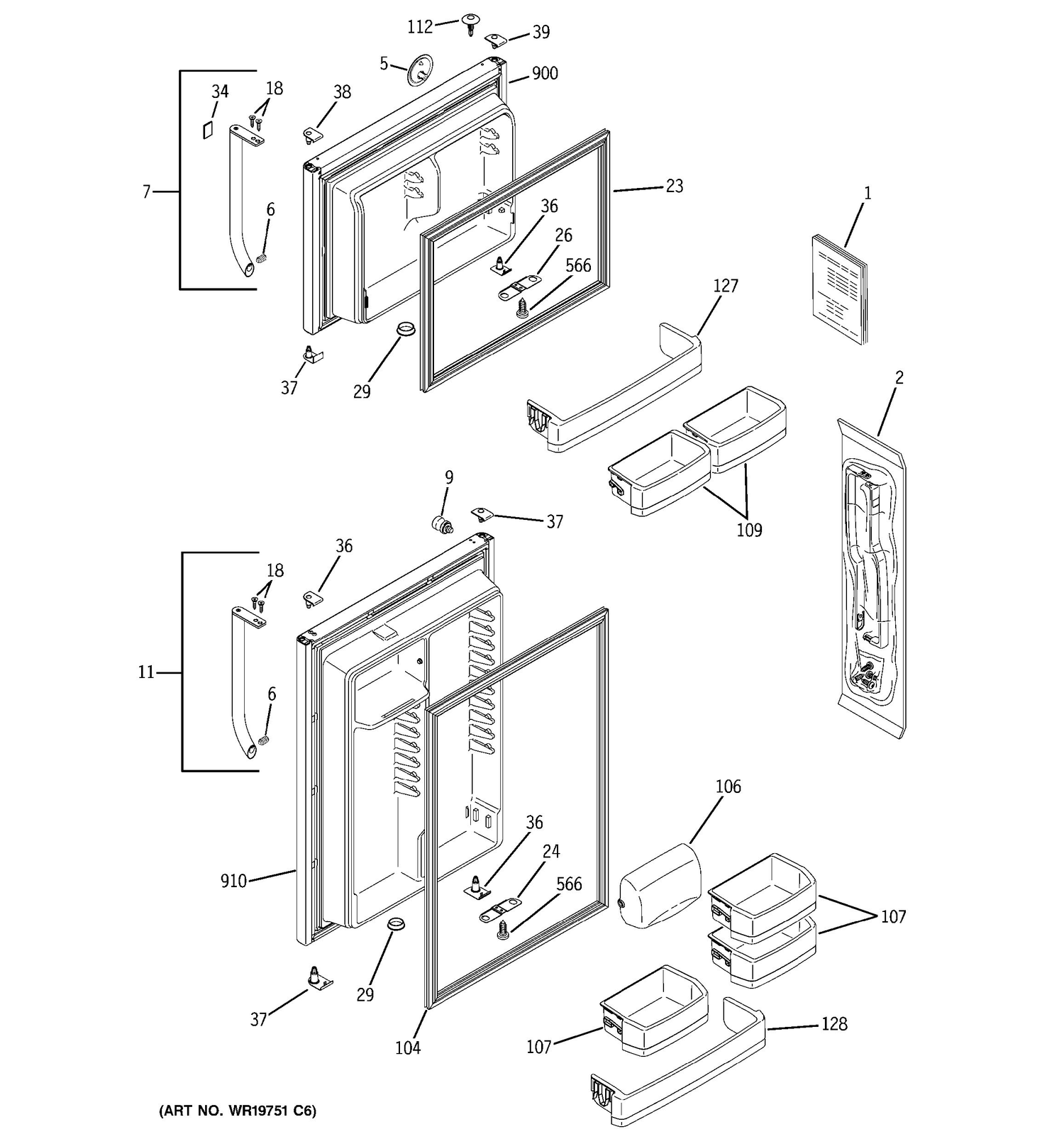 DOORS Diagram and Parts List for 38489KBSVRSS  General Electric Refrigerator
