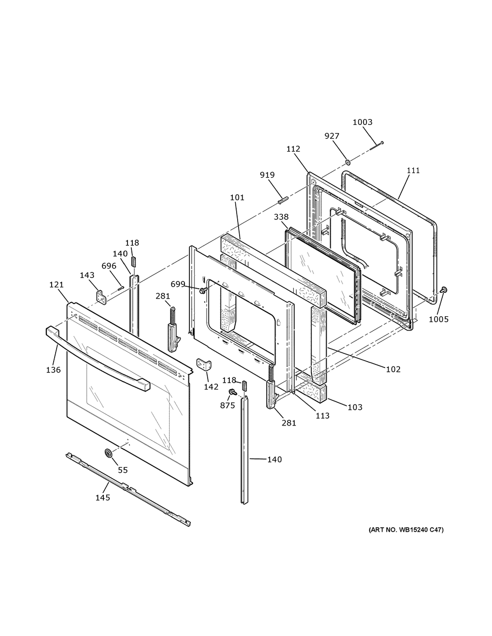 Door Diagram and Parts List for JB735SP5SS  General Electric Range
