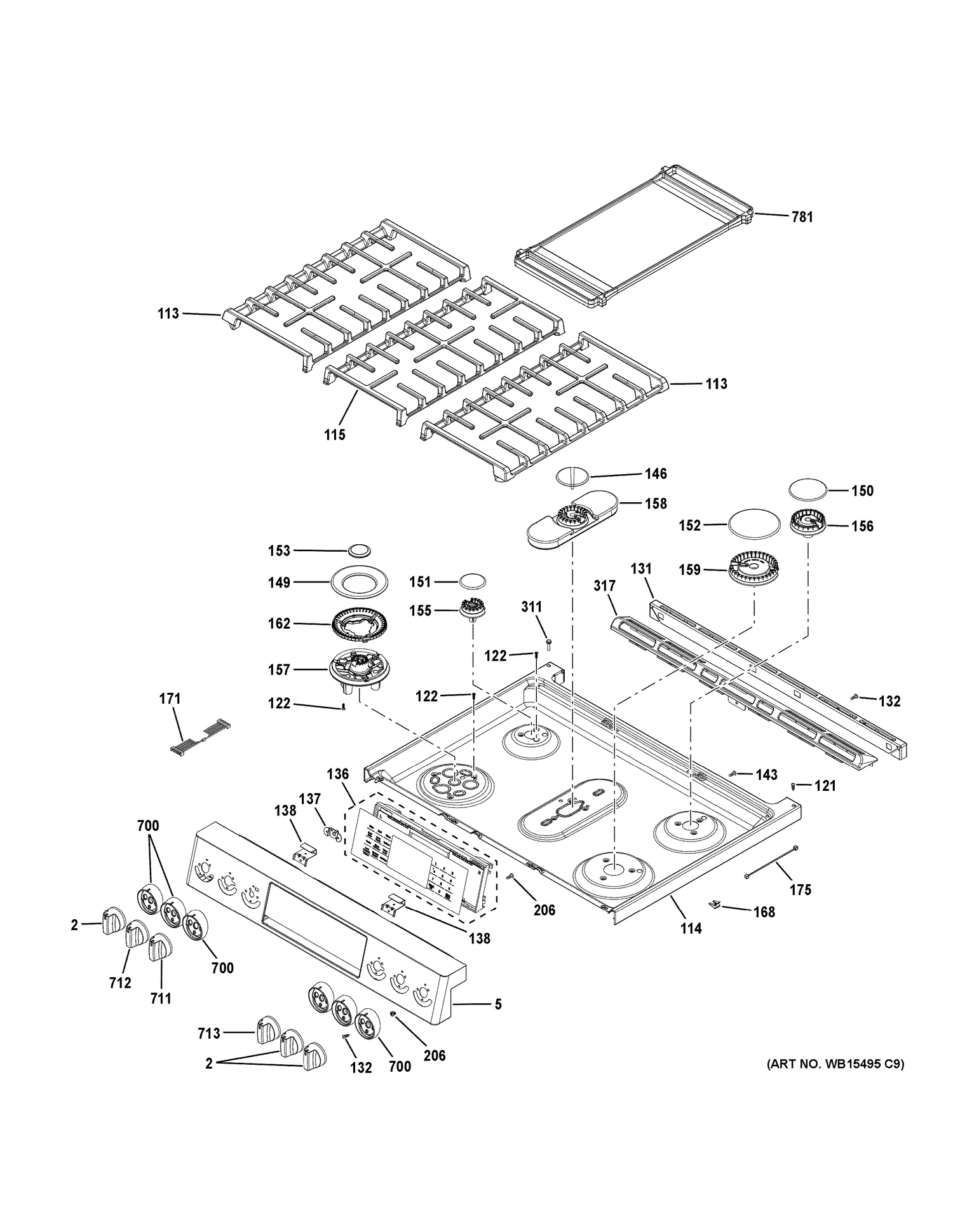 CONTROL PANEL & COOKTOP Diagram and Parts List for P2S930SEL1SS  General Electric Range