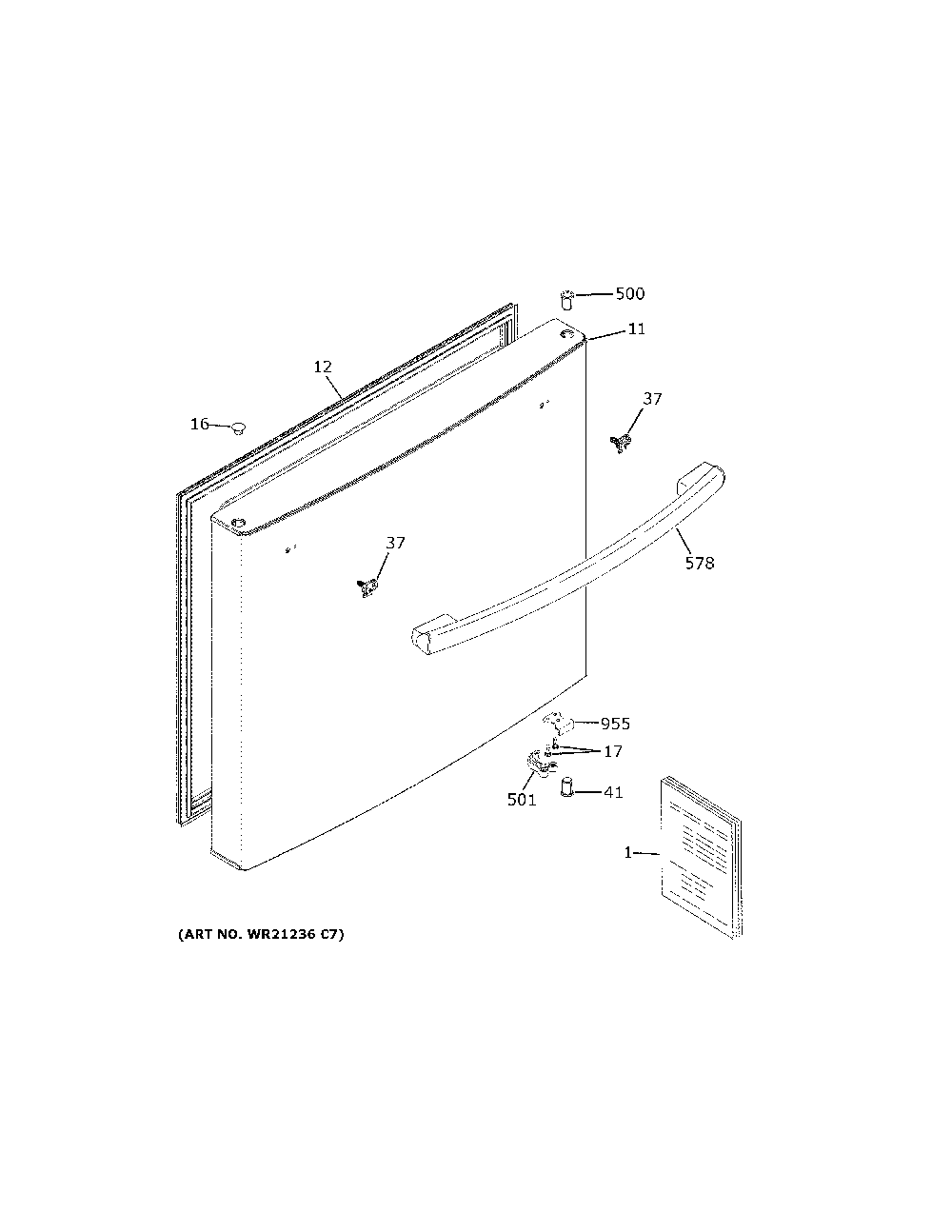 Freezer Door Diagram and Parts List for GBE21DGKVRWW  General Electric Refrigerator