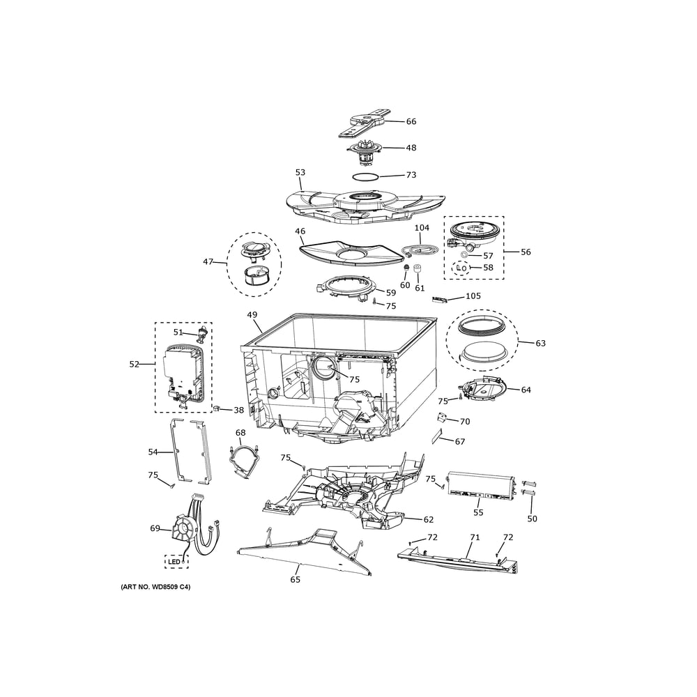 Tub & Motor Diagram and Parts List for PDD415PYY0FS  General Electric Dishwasher
