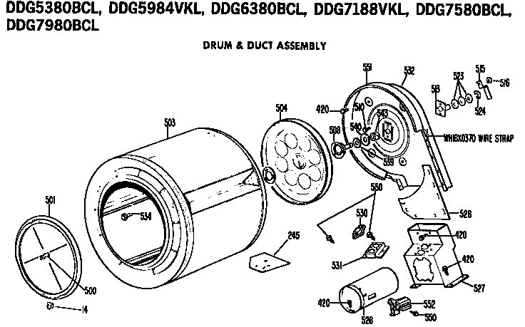 Drum And Duct Assembly Diagram and Parts List for DDG7188VKL  General Electric Dryer