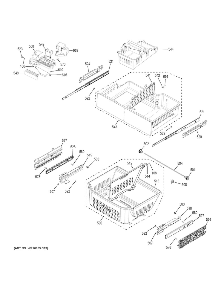 Freezer Shelves Diagram and Parts List for PWE23KMDEES  General Electric Refrigerator