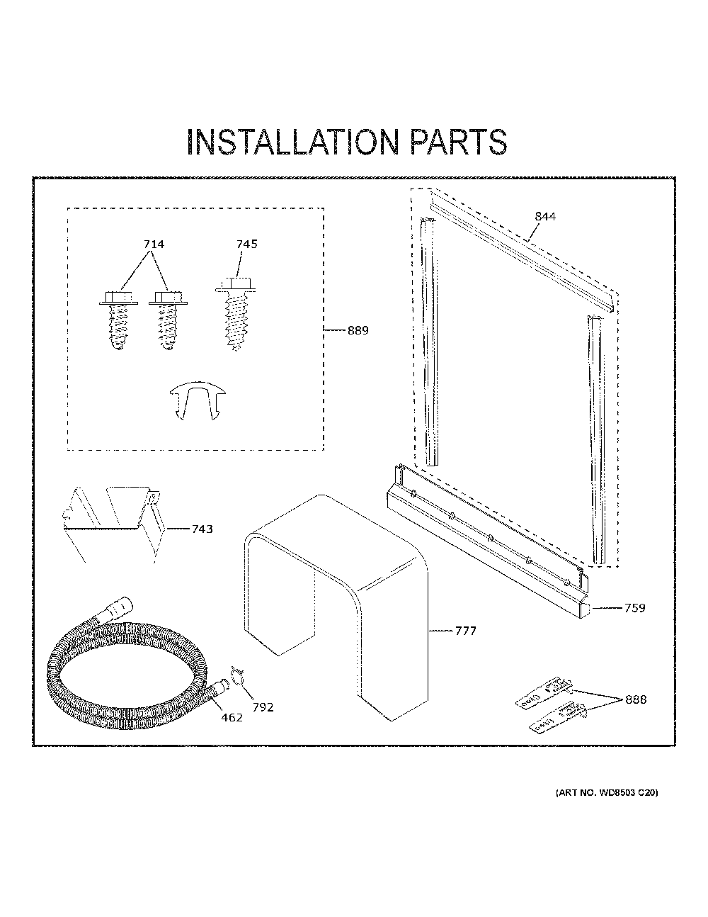 Installation Parts Diagram and Parts List for CDT805P2N8S1  General Electric Dishwasher