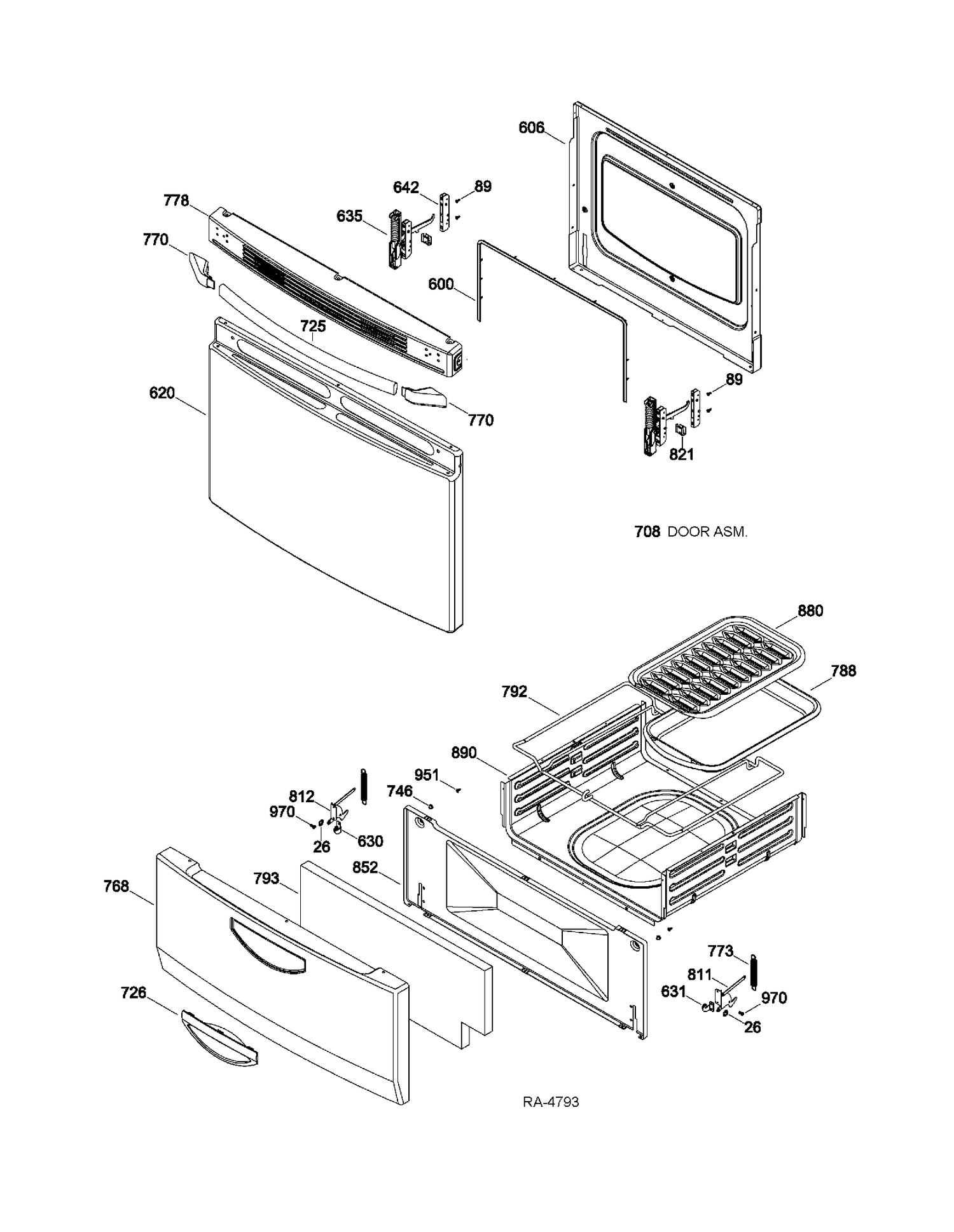 DOOR & DRAWER PARTS Diagram and Parts List for MGAS724EL2WW  General Electric Range
