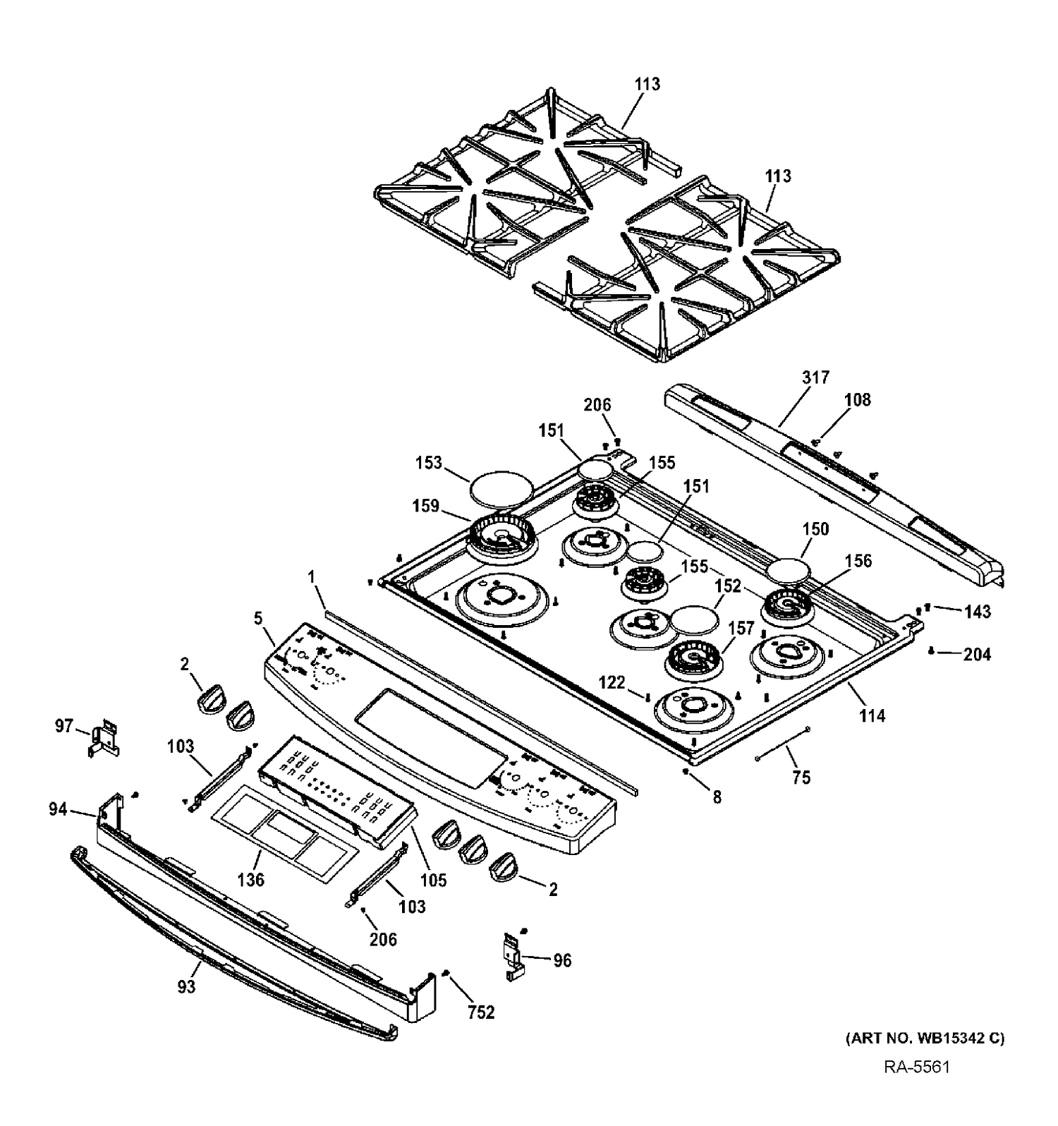 CONTROL PANEL & COOKTOP Diagram and Parts List for JCGS750SEF1SS  General Electric Range