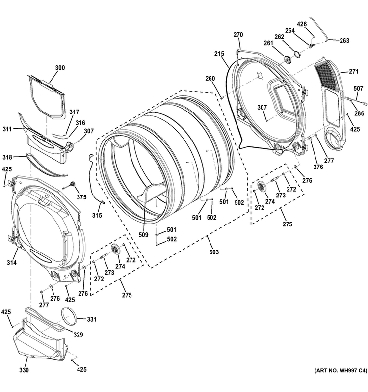 Drum Diagram and Parts List for GFDS260EF2WW  General Electric Dryer