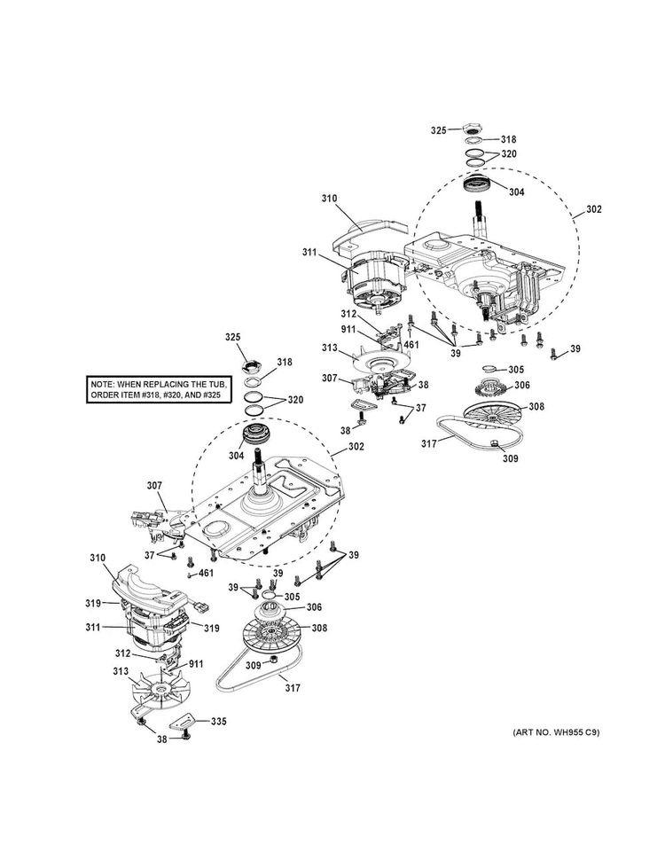 Motor & Drive Assembly Diagram and Parts List for GUD24ESSJ0WW  General Electric Washer Dryer Combo