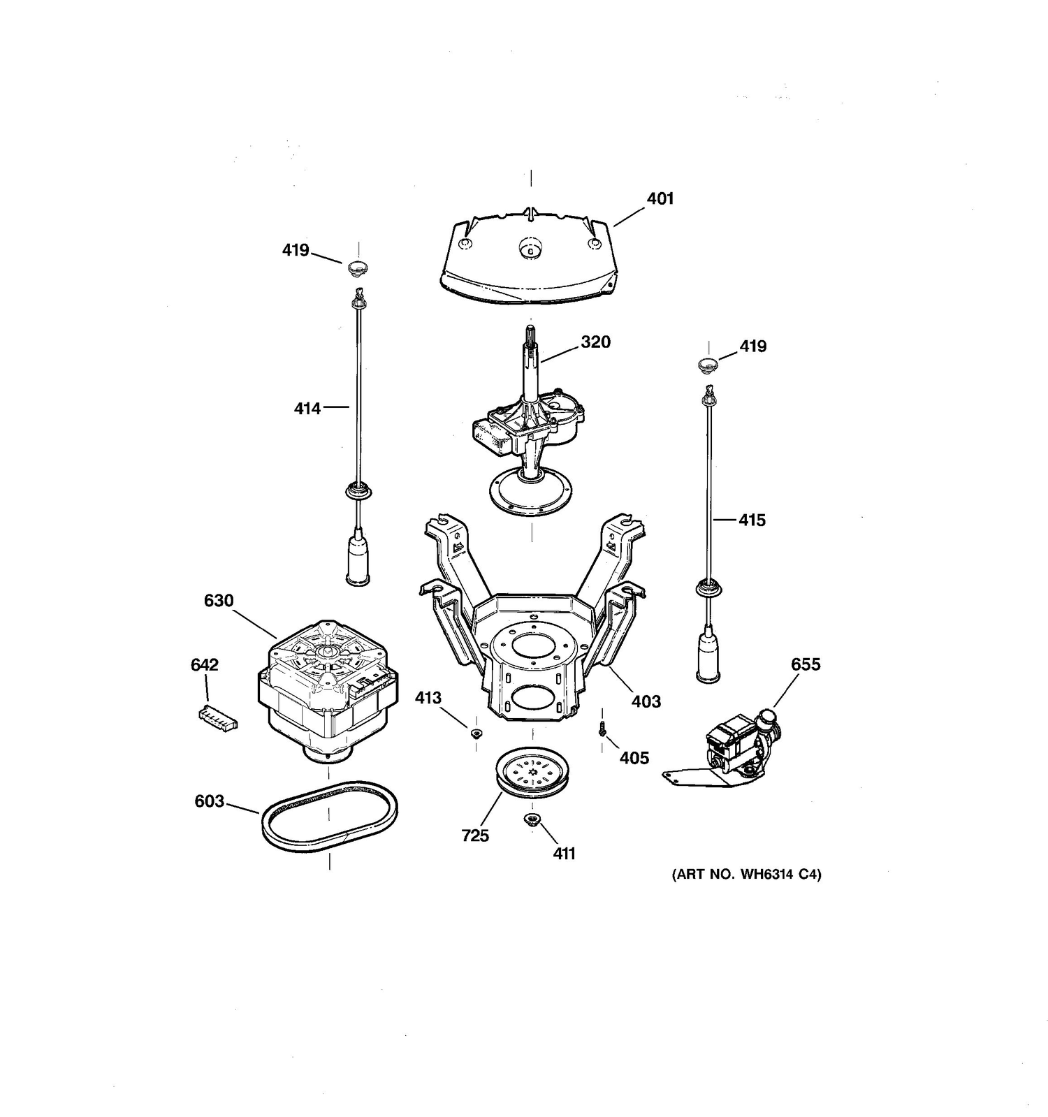 SUSPENSION, PUMP & DRIVE COMPONENTS Diagram and Parts List for CCXR1060B3WW  General Electric Washer