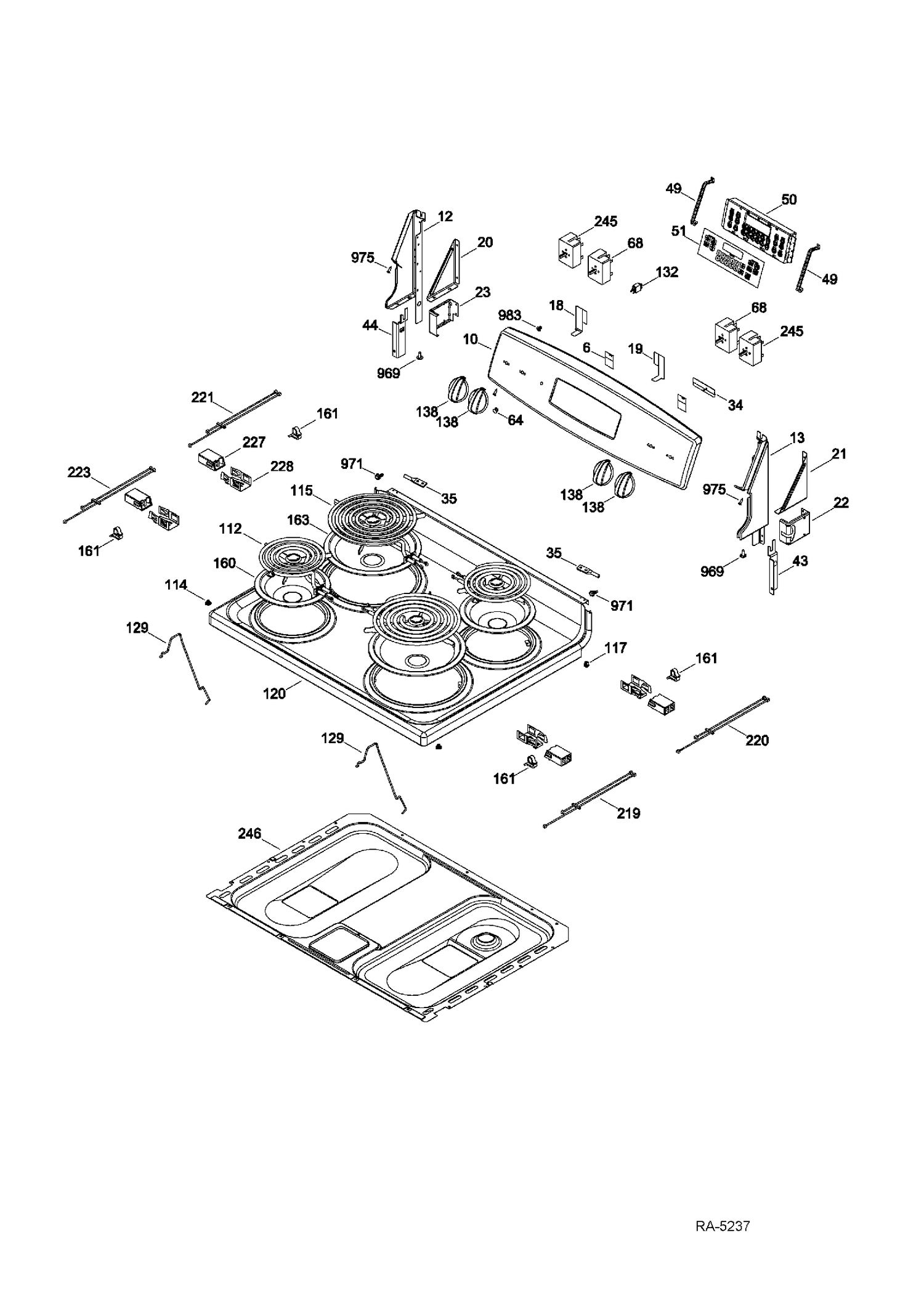 CONTROL PANEL & COOKTOP Diagram and Parts List for JCB530DF1WW  General Electric Range