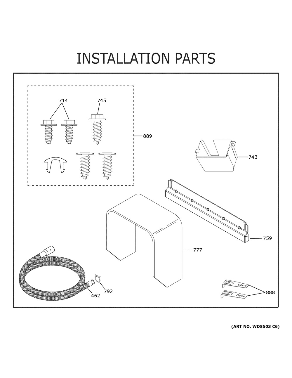 Installation Parts Diagram and Parts List for XDF400PGN5WW  General Electric Dishwasher