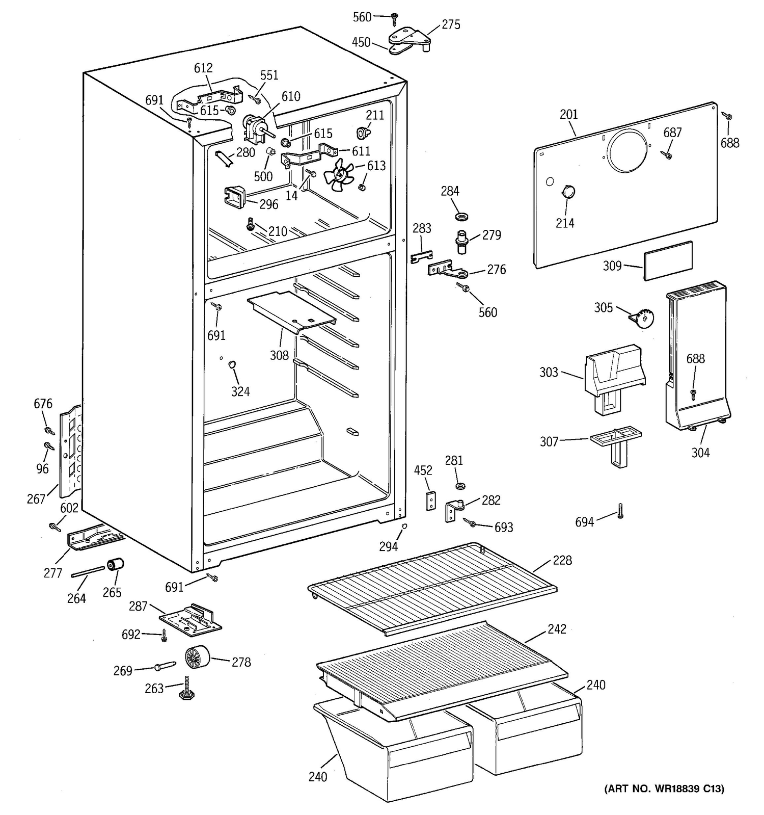 CABINET Diagram and Parts List for CTS16ABMFRWW  General Electric Refrigerator