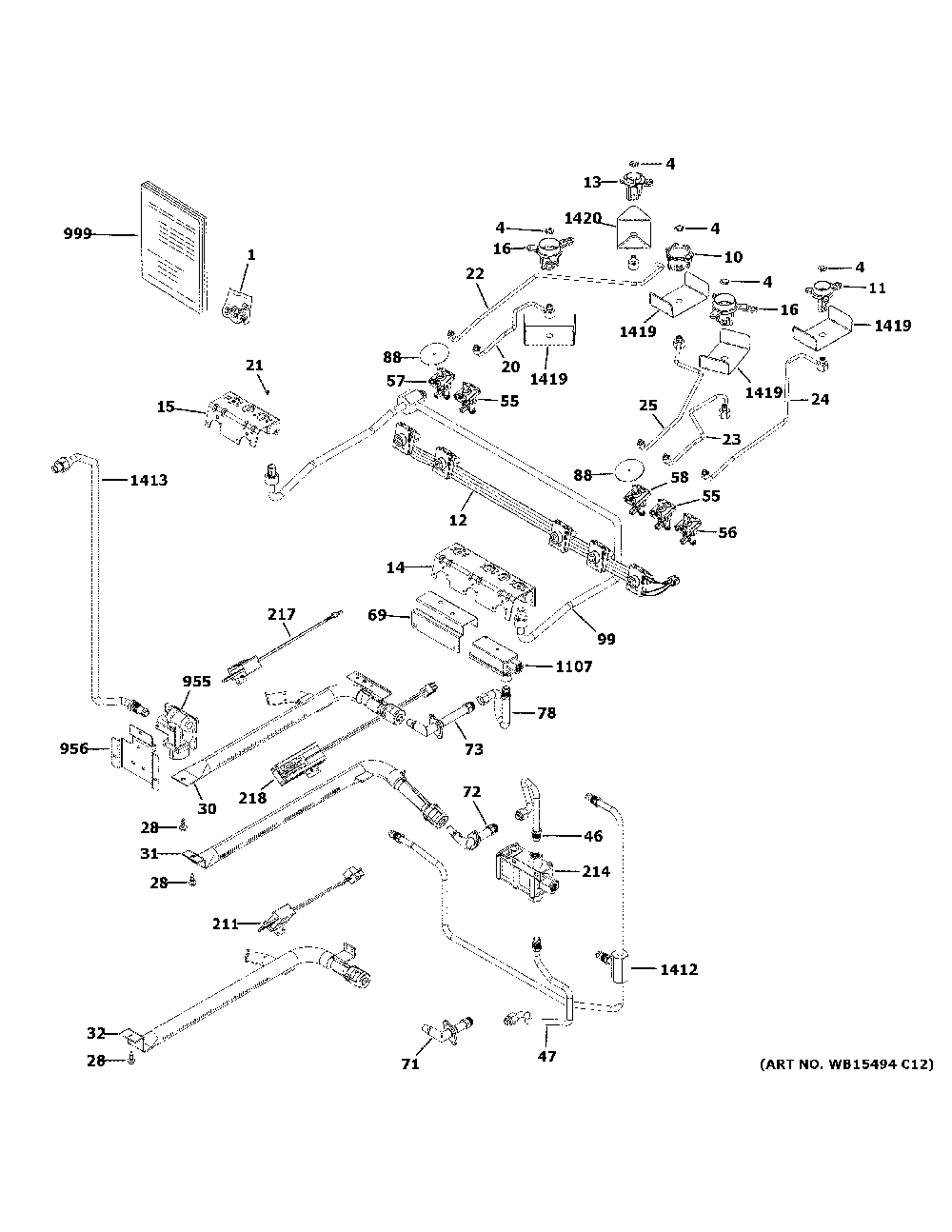 Gas And Burner Parts Diagram and Parts List for JGSS86SP2SS  General Electric Range