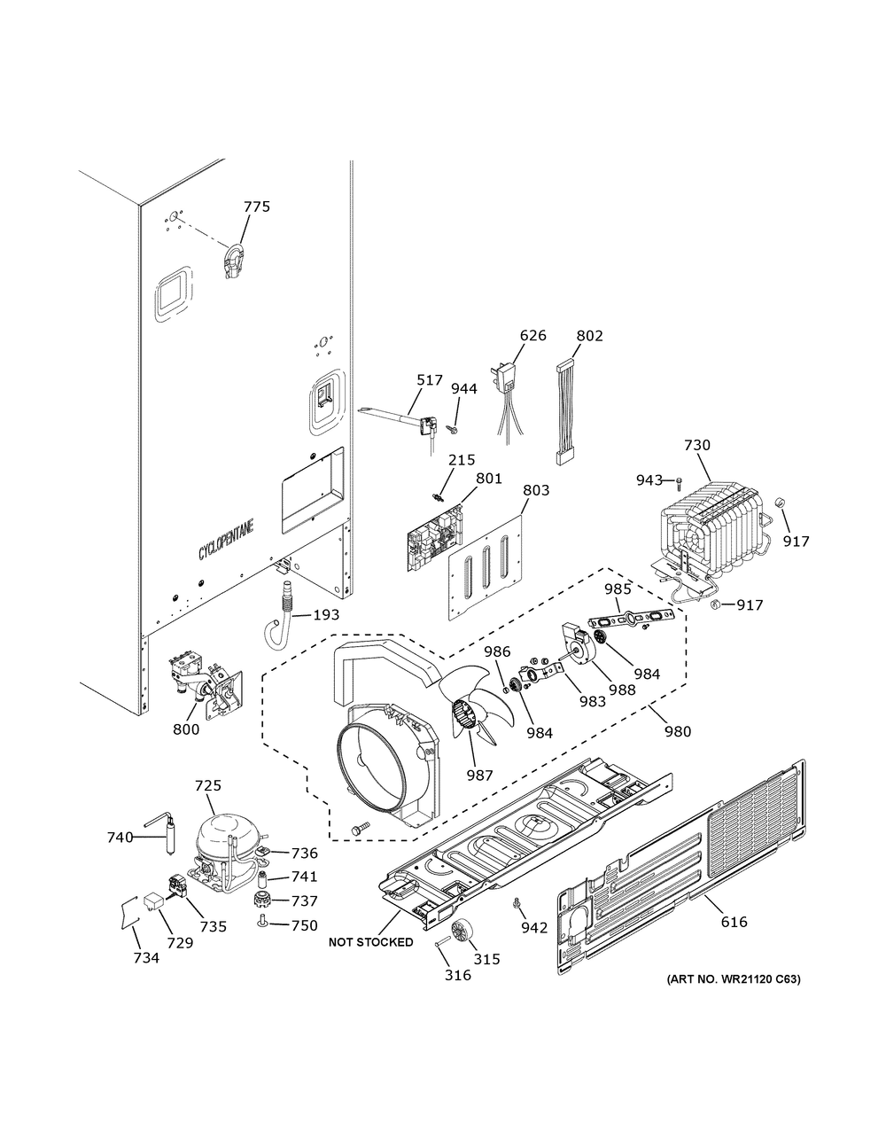 Machine Compartment Diagram and Parts List for GWE22JYMBFFS  General Electric Refrigerator