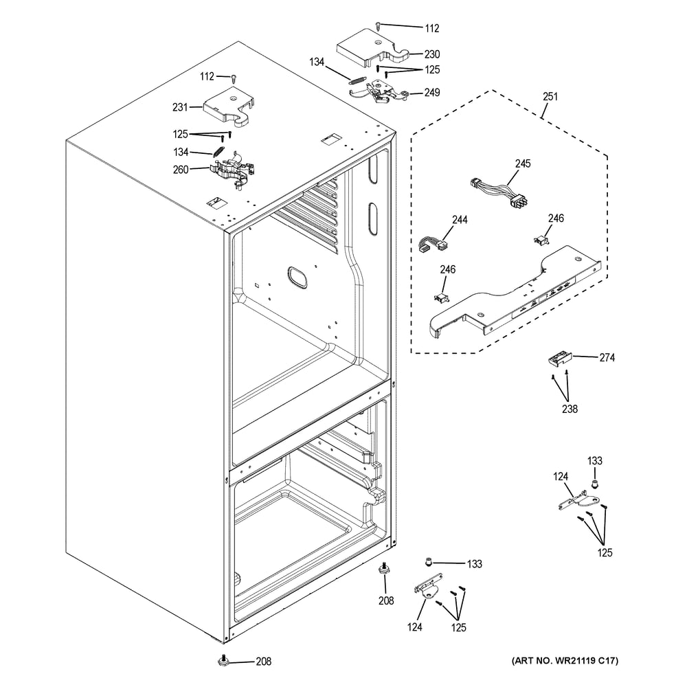 Case Parts Diagram and Parts List for CWE19SP2NXS1  General Electric Refrigerator