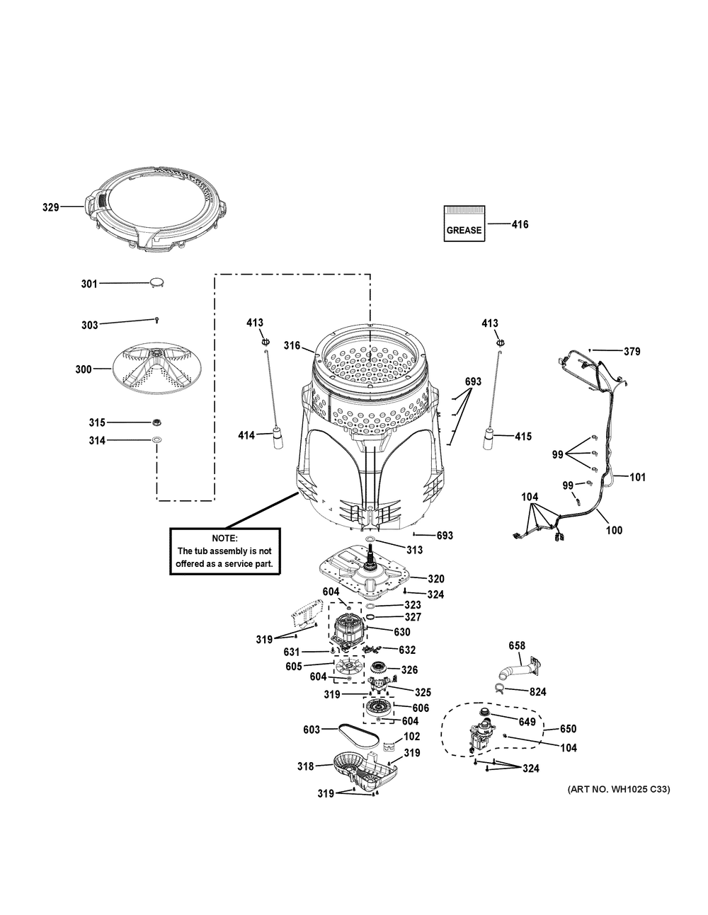 Tub And Motor Diagram and Parts List for GTW480ASW1WB  General Electric Washer