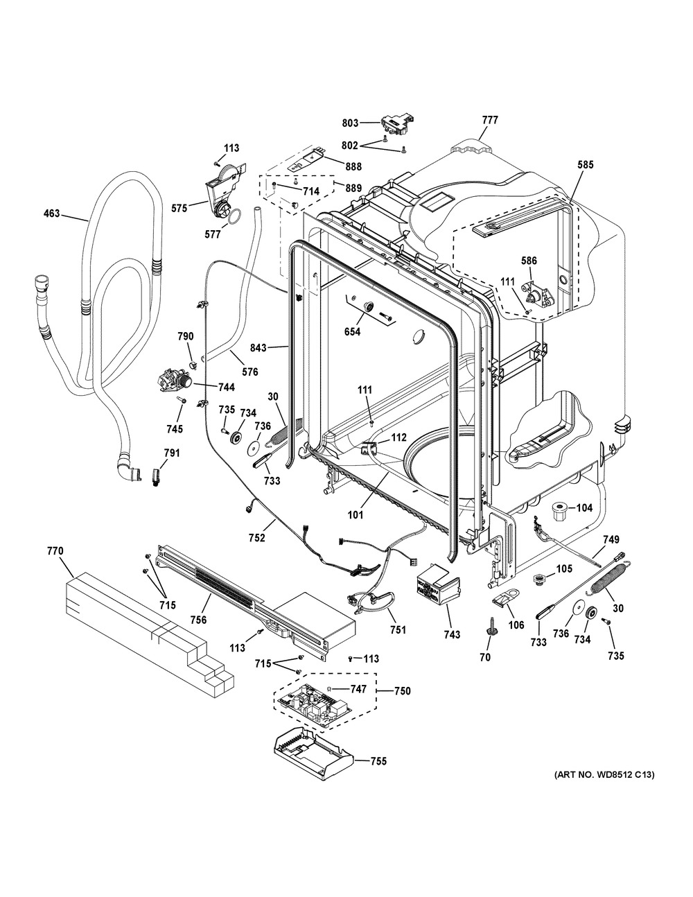 Body Parts Diagram and Parts List for GDT535PYV3FS  General Electric Dishwasher